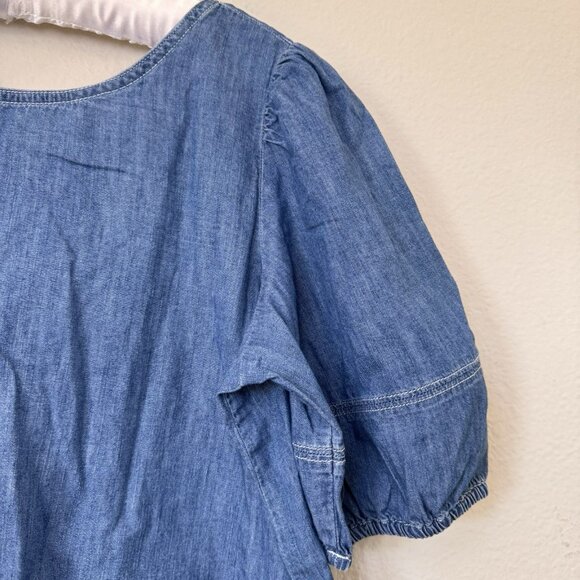LOFT Denim Shirt Women Size Med Popover Blouse Top Short Sleeve Strappy Back - Picture 3 of 7